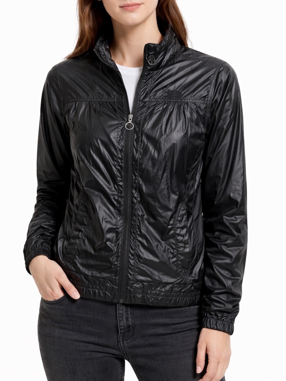 The North Face Hide away hoodie Woman's Black Shiny Windbreaker Full‎ Zip Small